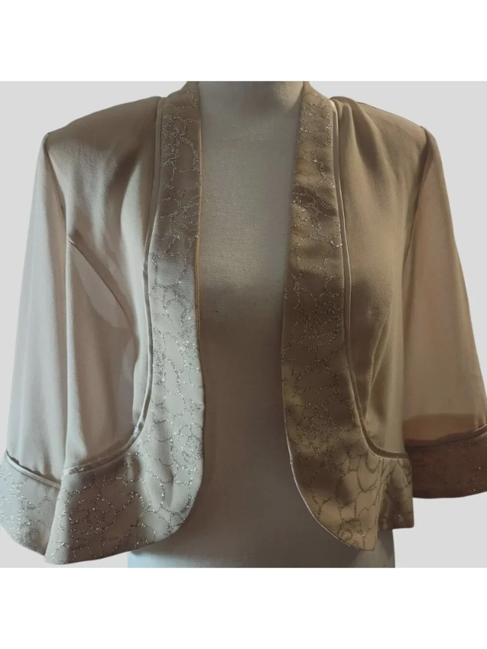 Le Bos Beige Sheer Bolero Jacket With Glitter Details Size 10